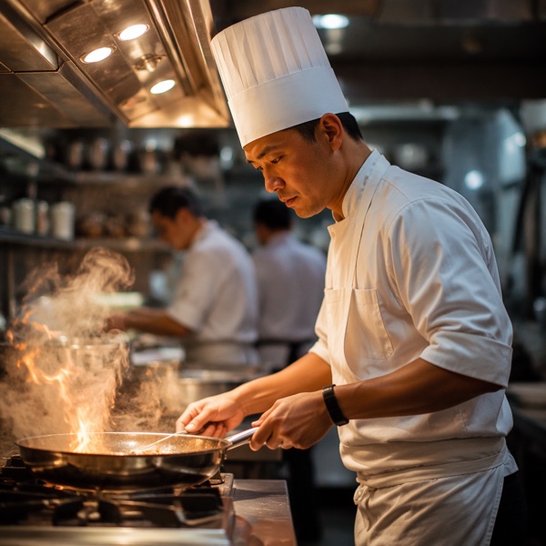 Chef de partie working a hot station in the galley