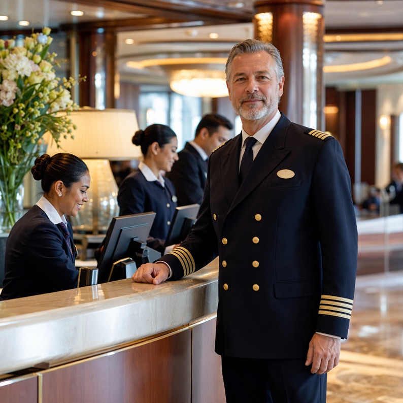 Chief purser standing at the guest services desk overseeing the front-desk team