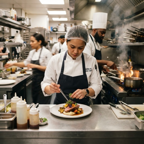 Demi chef plating food in the ship's galley