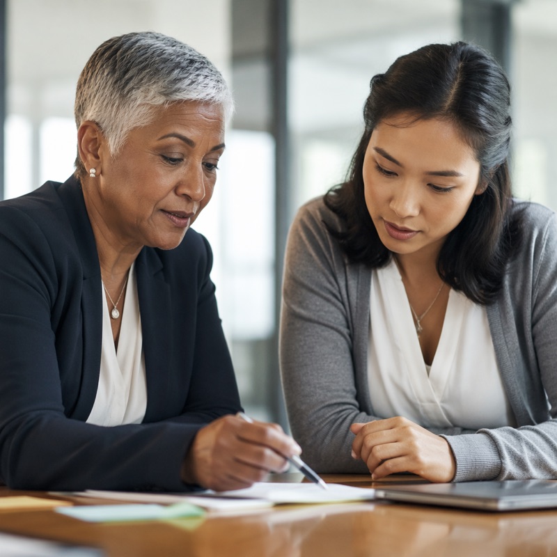 Mentor and employee reviewing notes together at a desk