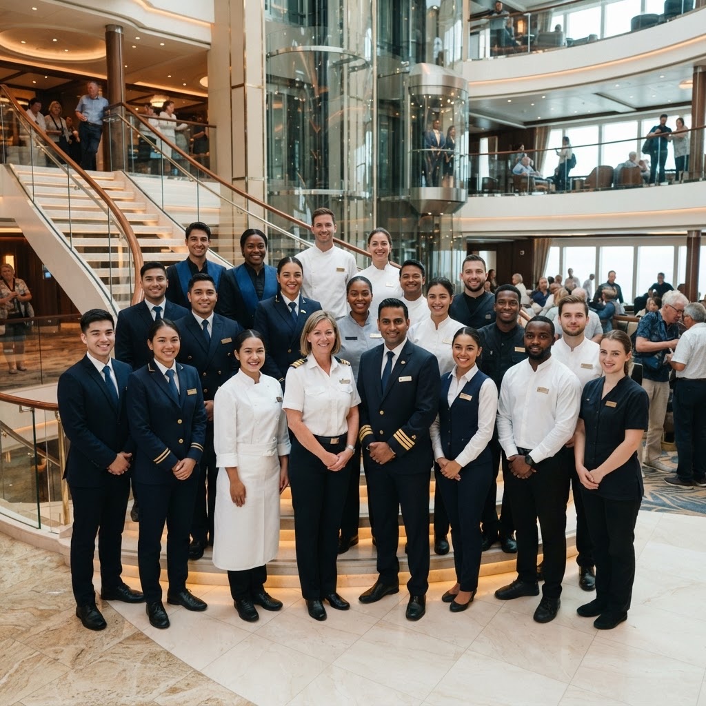 A diverse ship's crew representing many nationalities