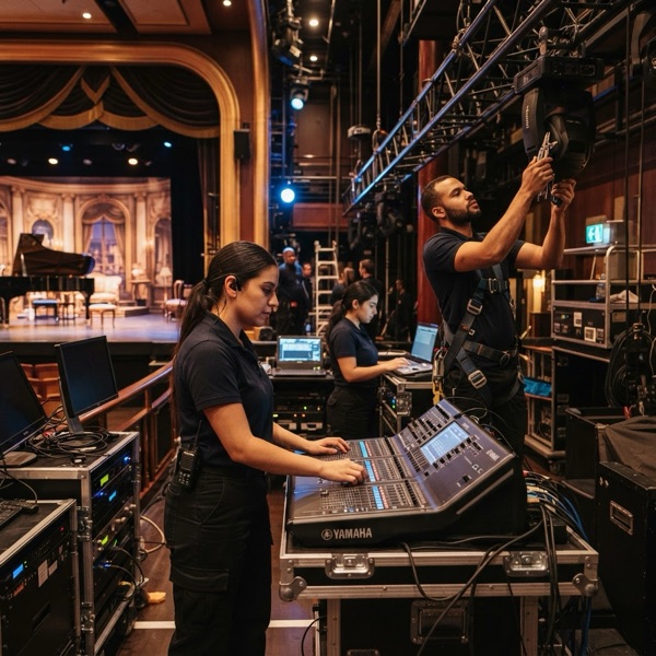 Entertainment technician operating stage lighting and sound