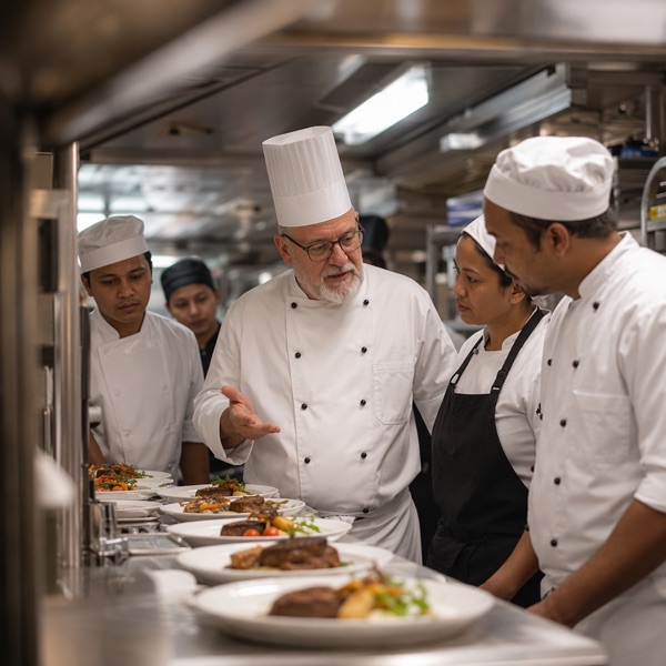 Executive chef reviewing plated dishes with the galley team