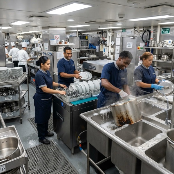 Galley steward at work in the ship's kitchen