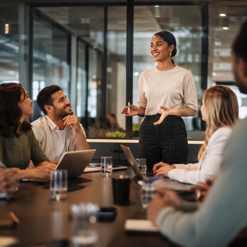 Employee presenting confidently to engaged colleagues in a meeting room