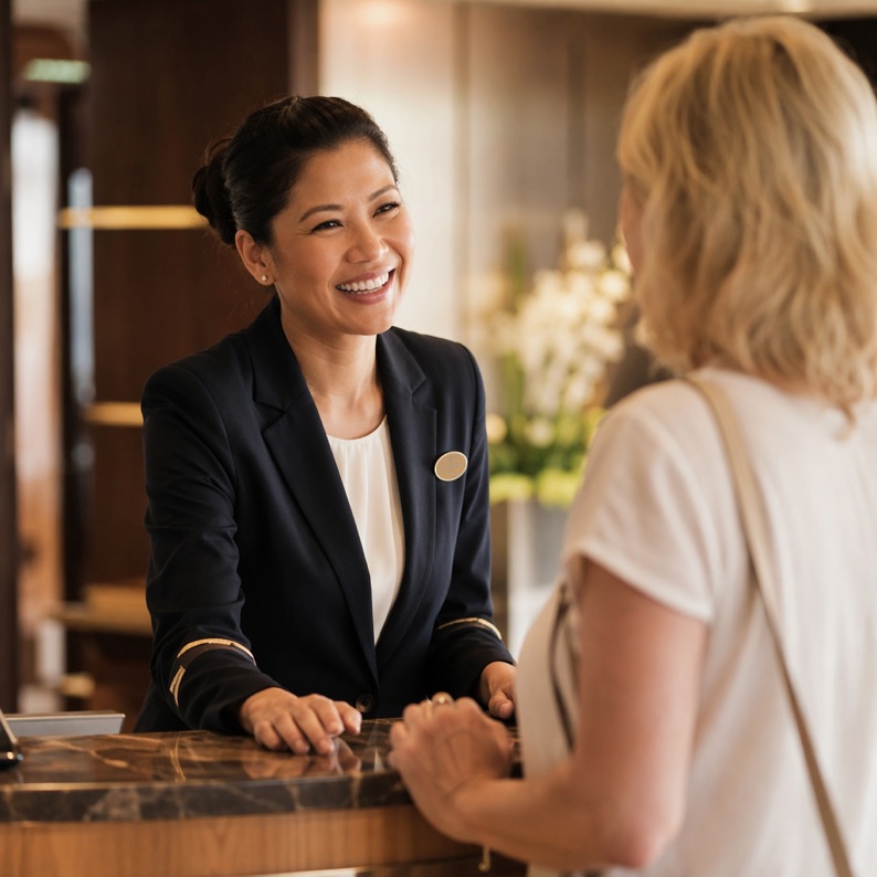 Guest services manager warmly assisting a guest at the front desk