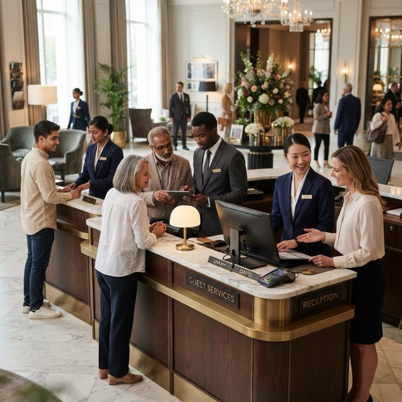 Guest services crew member at the front desk