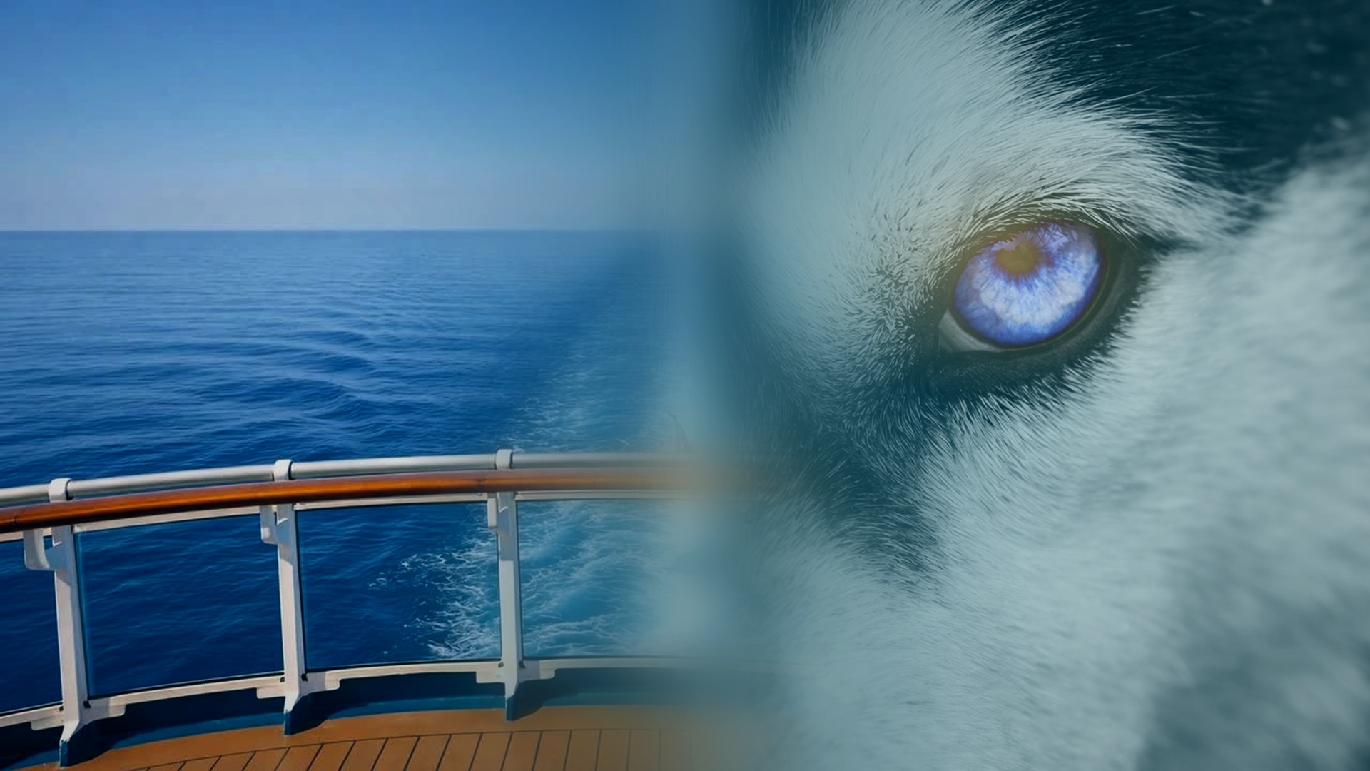 A wolf's gaze at sunrise blending into a calm ocean horizon, the two environments The Talent Pack recruits for, rendered as one continuous scene.