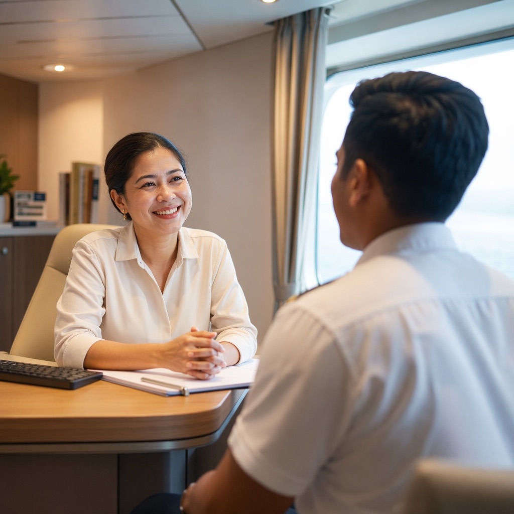 HR manager in a warm onboarding conversation with a new crew member