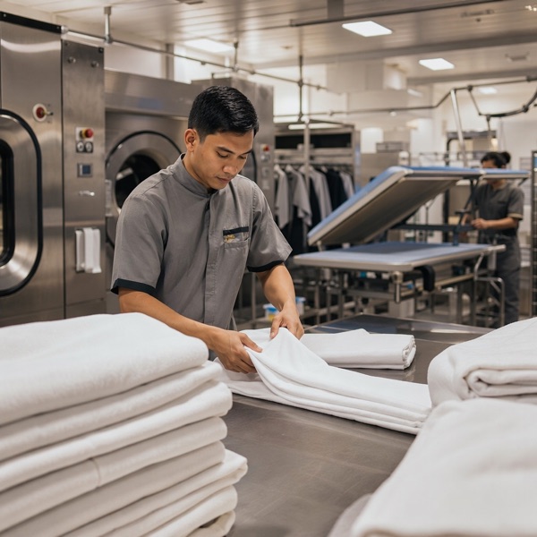 Laundry attendant folding fresh linens in the ship's laundry room