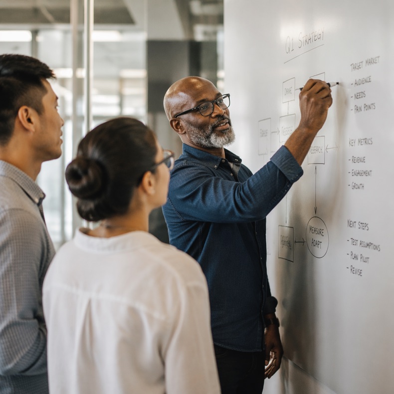 Senior leader sketching a strategy plan on a whiteboard with two junior staff