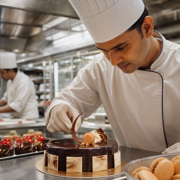 Pastry chef decorating a dessert in the ship's pastry section