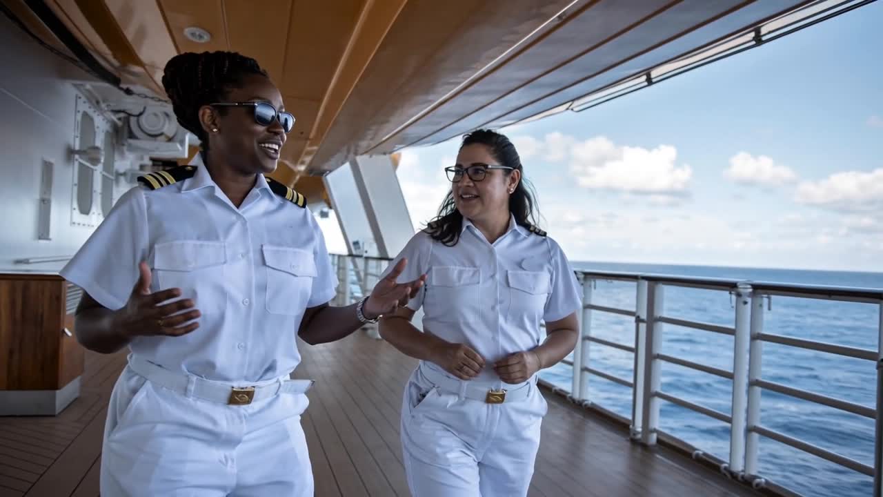 Two crew members walking and talking on the deck of a cruise ship, ocean in view