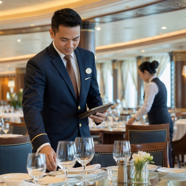 Restaurant manager checking a table setting in an elegant cruise ship dining room