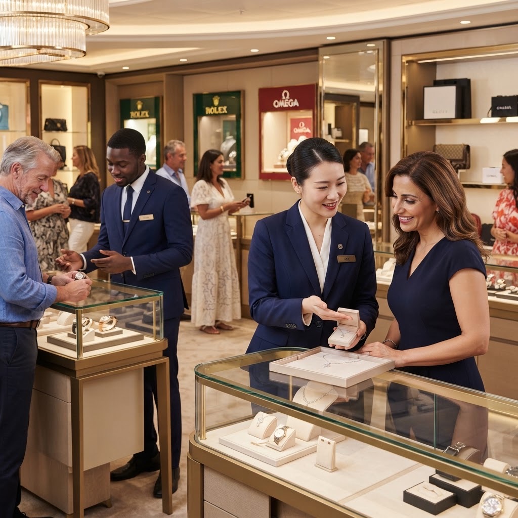Retail staff assisting a guest in the ship's shop