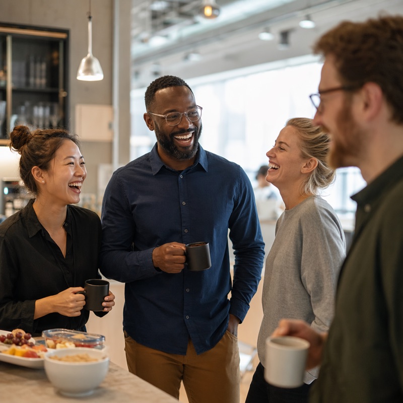 Team laughing together over coffee in the office kitchen