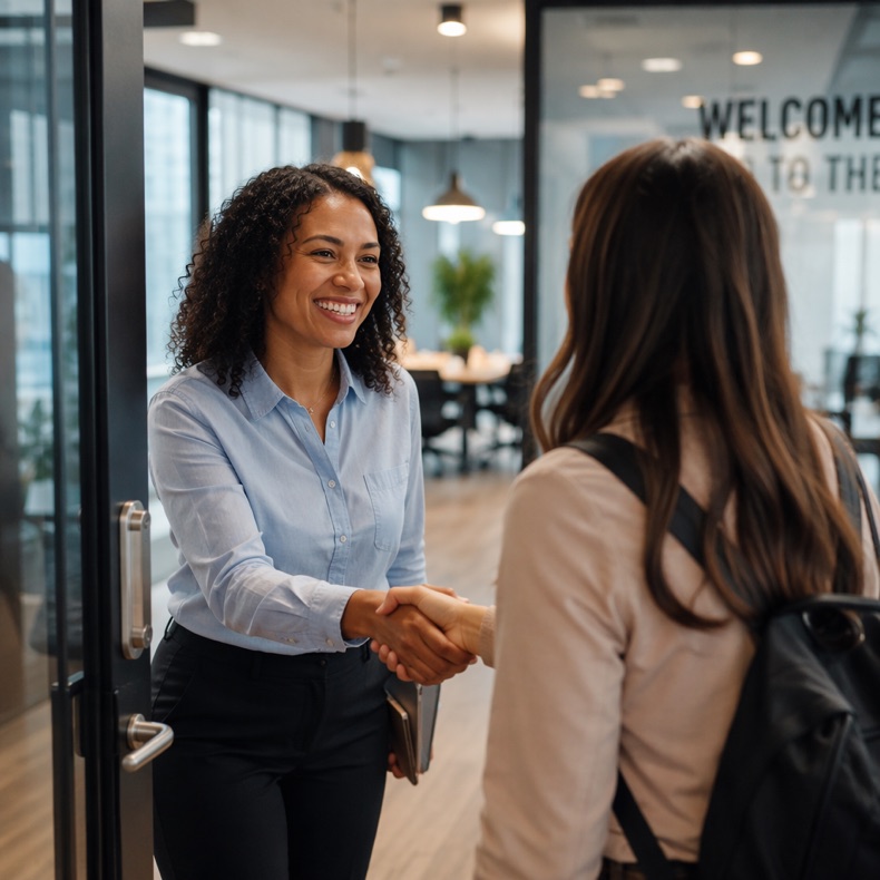Manager warmly welcoming a new hire at the office entrance