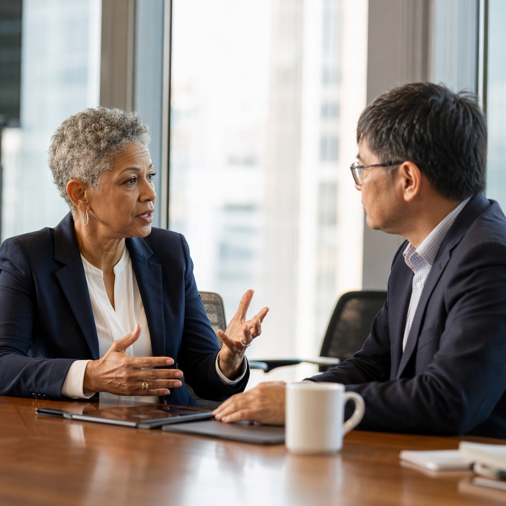 Two senior executives in a one-on-one leadership conversation