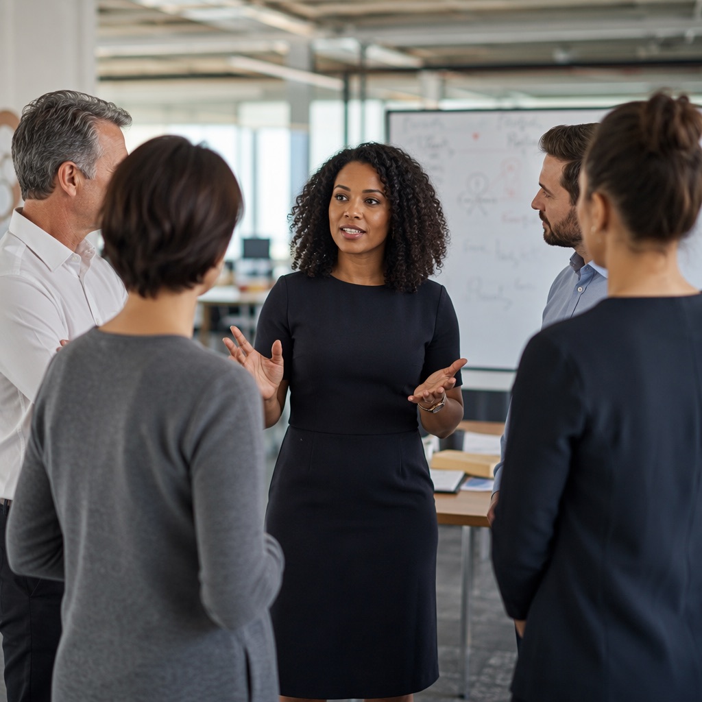 Manager leading a small team huddle in an open-plan office
