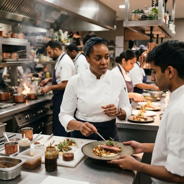 Sous chef preparing a dish in a ship's galley