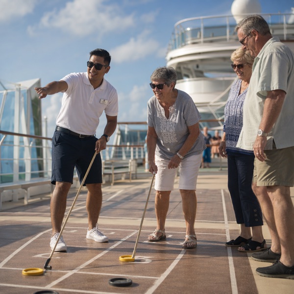 Sports staff member running a deck game with guests