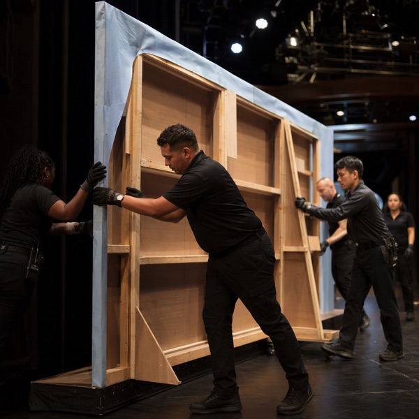 Stage staff moving a set piece backstage before a show