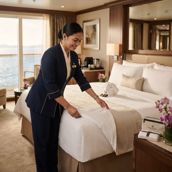 Stateroom attendant preparing a guest cabin