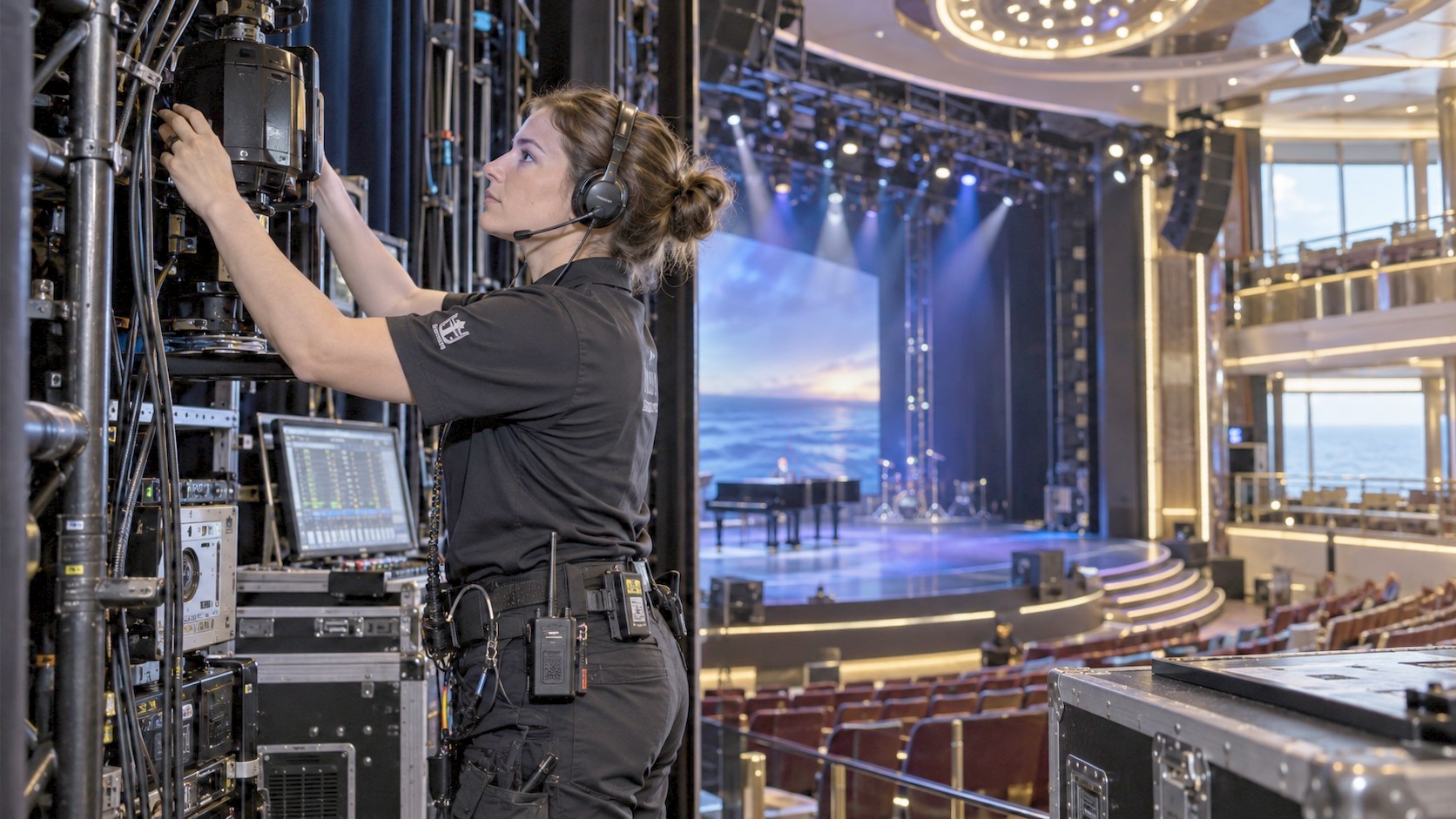 A theatre technician adjusting a lighting fixture at the AV rack, with the full stage and seating visible beyond her