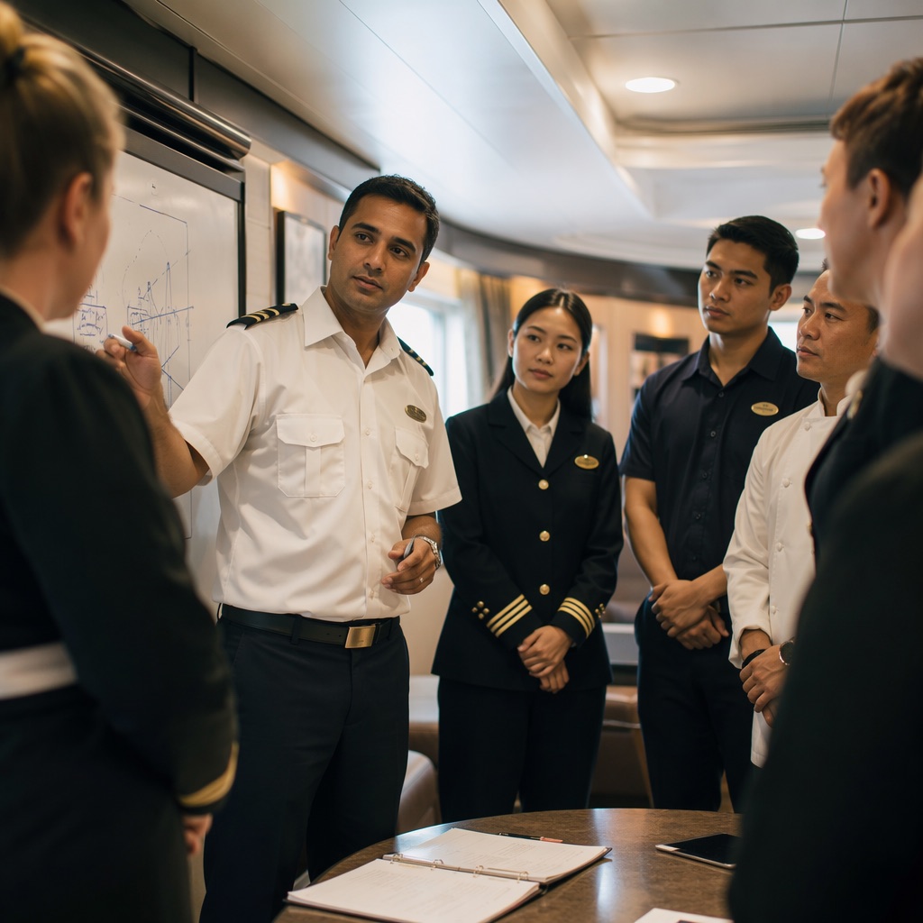 Training officer leading a safety briefing with a group of crew members