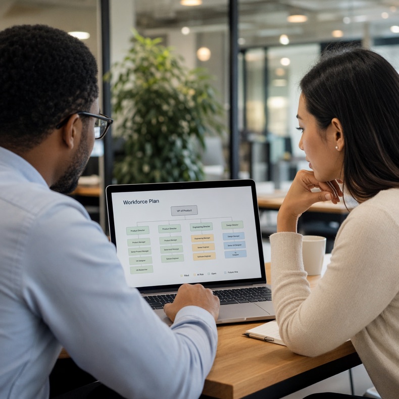 Two colleagues reviewing a workforce plan together on a laptop