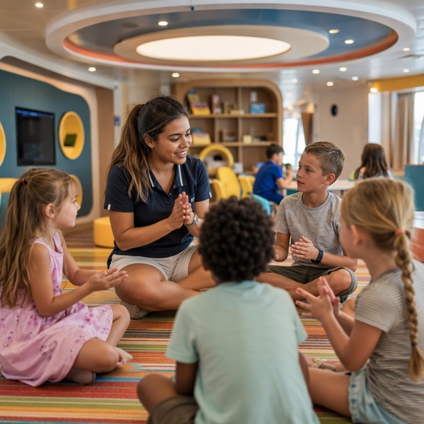 Youth manager leading a group of children in the kids' club activity room