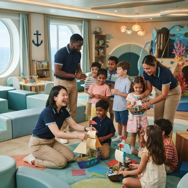 Youth staff running an activity for children onboard
